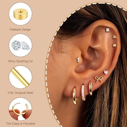M MOOHAM 9 Pairs Flat Back Earring Stack Set for Women Teen Girls | Hypoallergenic Earrings, 14K Gold Plated Huggie Hoop Stud Earring, Small Cute Bow Cartilage Earrings, Trendy Jewelry Gifts - color: 14K Gold Plated