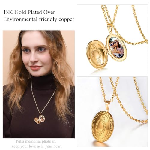U7 Custom Photo Locket Necklace - Oval & Heart Shaped Locket - Gold/Silver/Rose Gold Personalized Image Necklaces for Women - color: 01-Oval Gold, style: c. locket+photo+text