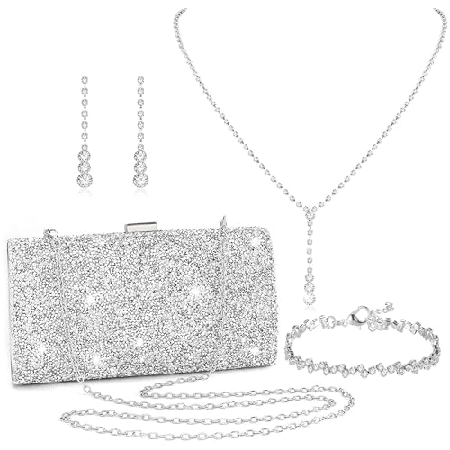 FEYIR Clutch Purse Jewelry Set for Women Evening Bags Rhinestone Crystal Necklace Earrings Bracelet Set Formal Wedding Bridal Accessories Jewelry for Prom - color: Trendy