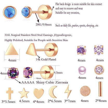 38Pcs Stainless Steel Earrings Set for Women Men 14K Gold Plated Small Flat Back Stud Earrings Hoop Earrings Women Men Hypoallergenic Cubic Zirconia Earrings Cartilage Earrings Rook Daith Tragues Lobe Conch Septum Piercing Jewelry - color: D:Rose Gold