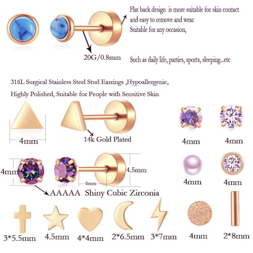 38Pcs Stainless Steel Earrings Set for Women Men 14K Gold Plated Small Flat Back Stud Earrings Hoop Earrings Women Men Hypoallergenic Cubic Zirconia Earrings Cartilage Earrings Rook Daith Tragues Lobe Conch Septum Piercing Jewelry - color: D:Rose Gold