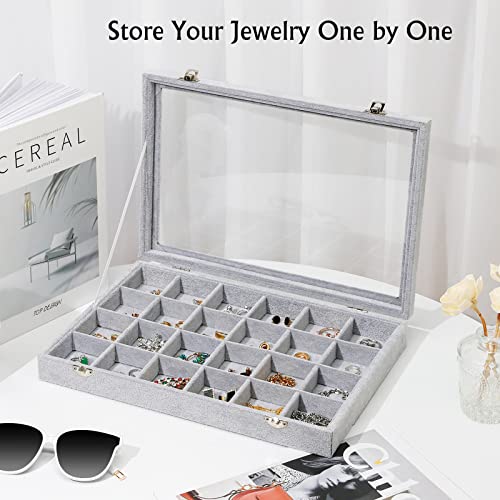 Emibele Velvet Jewelry Organizer Box, 24 Grids with Clear Lid Rings Earrings Bracelets Necklace Organizer Tray Showcase Display Jewelry Storage Case, Grey - style: K2- 24 Grids with Lid