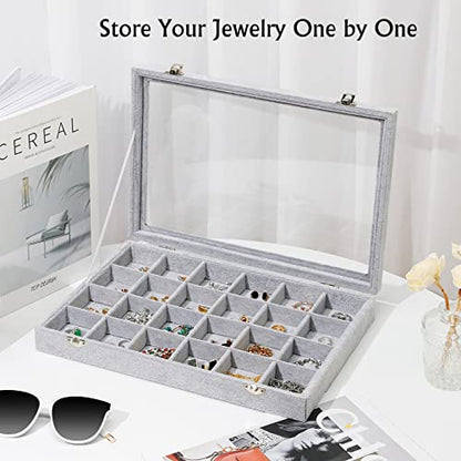 Emibele Velvet Jewelry Organizer Box, 24 Grids with Clear Lid Rings Earrings Bracelets Necklace Organizer Tray Showcase Display Jewelry Storage Case, Grey - style: K2- 24 Grids with Lid