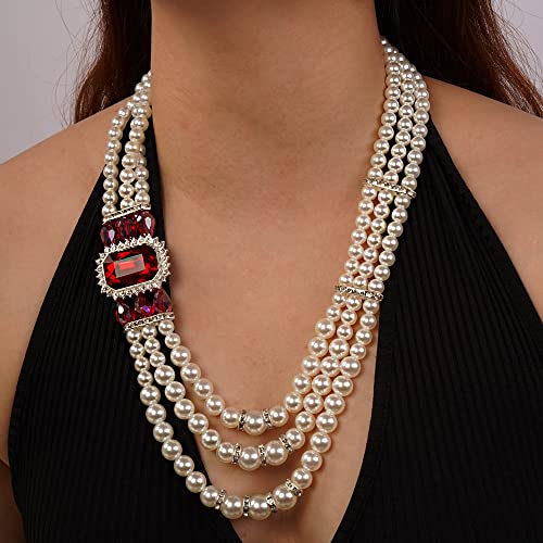 Aimimier 1920s 3-layered White Faux Pearl Necklace and Earrings Set with Crystal and Rhinestone Bridal Long Pearl Necklace Statement Women Jewelry - color: Ruby