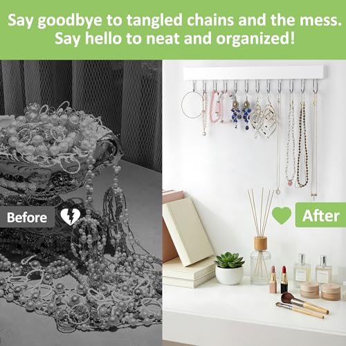 Jewelry Organizer Wall Mounted 2 Pack, Wooden Necklace Holder Wall Hanger with 24 Hooks for Hanging Necklaces and Jewelry Storage, White - color: White