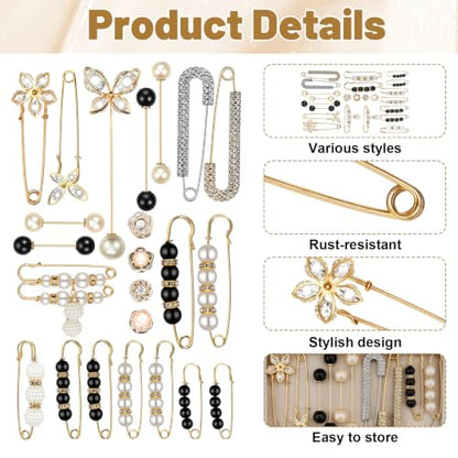 cobee 24 Pcs Pearl Brooch Pins, Crystal Safety Pin Button with Storage Box | Pant Waist Tightener Clip Sweater Shawl Hat Clips for Women Clothing Dress Cardigan Scarf Bag