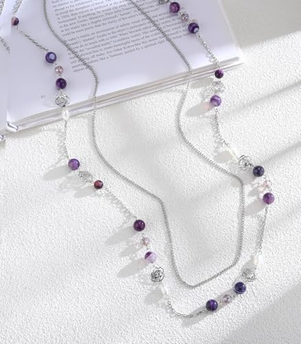 FULU AUTUMN Long Layered Silver Necklaces for Women - Natural Stone and Dainty Flower Beaded Sweater Chain Fashion Jewelry Gifts - color: Purple