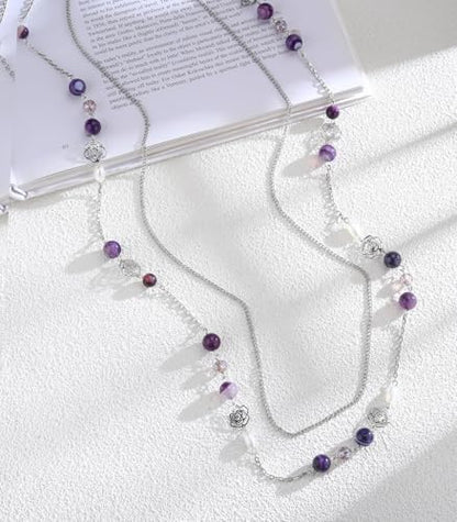 FULU AUTUMN Long Layered Silver Necklaces for Women - Natural Stone and Dainty Flower Beaded Sweater Chain Fashion Jewelry Gifts - color: Purple