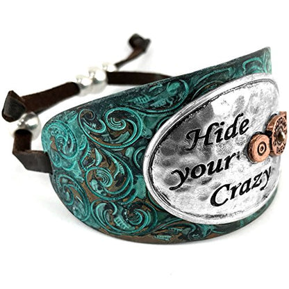 Western Peak Hammered Plate Hide Your Crazy Act Like a Lady 12 Gauge Shotgun Shell Leather Cuff Bracelet Necklace - color: New Patina