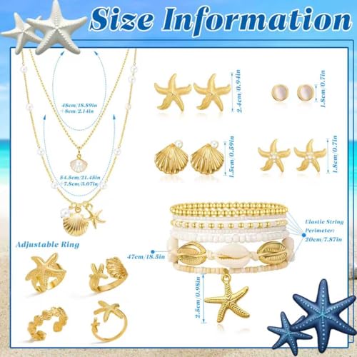 MEDOJO 17 Pcs Beach Jewelry for Women Seashell Starfish Earrings Rings Boho Summer Beach White Anklet Set Summer Jewelry Set