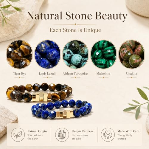 5Pcs Square Accent Natural Stone Beaded Ring Set for Women, Handmade Faceted Stackable Stretch Rings, Boho Gemstone Gift