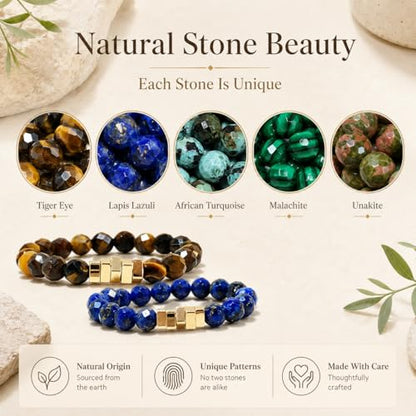 5Pcs Square Accent Natural Stone Beaded Ring Set for Women, Handmade Faceted Stackable Stretch Rings, Boho Gemstone Gift