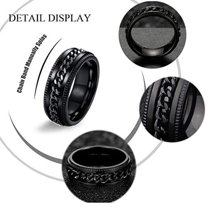 EIELO 9Pcs Stainless Steel Band Rings for Men Women Cool Fidget Spinning Chain Ring Anxiety Relief Fashion Simple Wedding Engagement Black Ring Set - color: Black