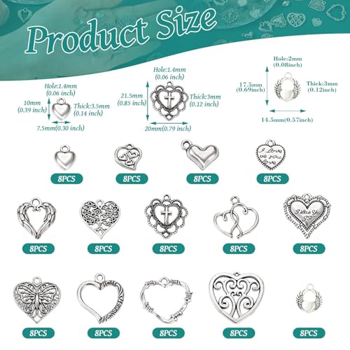 Elecrelive Crystal Heart Charms Rhinestone Heart Pendants Valentine Charms for Necklace Bracelet Earring Wedding Jewelry - color: Matte Silver, 120pcs