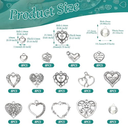 Elecrelive Crystal Heart Charms Rhinestone Heart Pendants Valentine Charms for Necklace Bracelet Earring Wedding Jewelry - color: Matte Silver, 120pcs