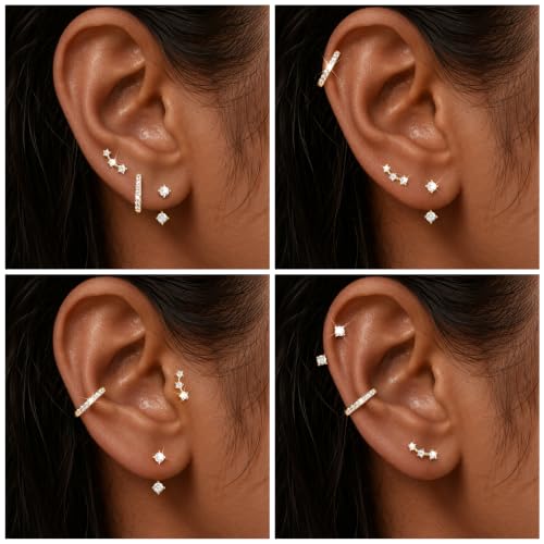 3 Pairs Dainty Small Earrings Set for Women Trendy, Birthstone Stud Huggie Hoop Jacket Stack for Cartilage Helix, Gold Plated Hypoallergenic Cute Women Fashion Accessories Western Jewelry Gifts - color: 04White - Apr