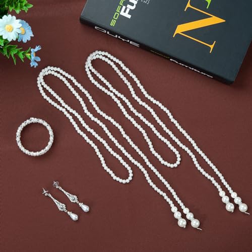 1920s Pearl Jewelry Set - Long Pearl Necklace, Earring Set, Multilayer Bracelet - Flapper Accessories for Women - color: Delicate