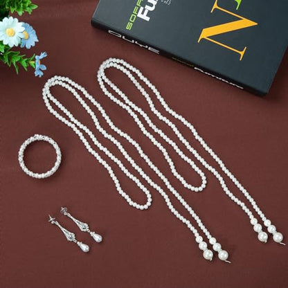 1920s Pearl Jewelry Set - Long Pearl Necklace, Earring Set, Multilayer Bracelet - Flapper Accessories for Women - color: Delicate
