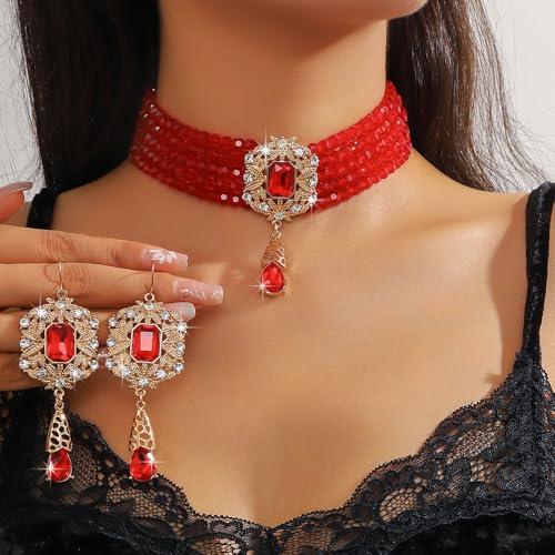 Missgrace Women Silver Black Green Red Rhinestone Crystal Tassels Bridal Necklace Earrings Sets Teardrop Necklace Dangle Earrings Set for Wedding Brides Bridesmaid - color: Red