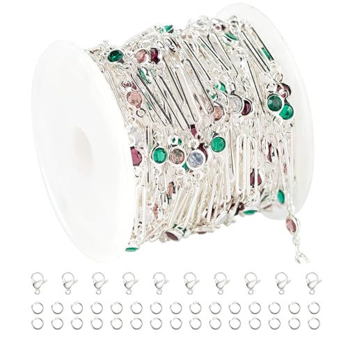 UMAOKANG 5 Meters Mixed Color Crystal Jewelry Chains Bulk Silver Plated Brass Paperclip Necklace Chain for Women Jewelry DIY Supplies Findings - color: Silver Paperclip Crystal