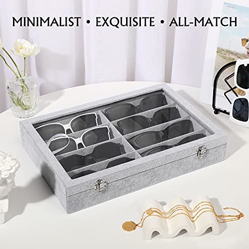 Emibele Glasses Organizer Jewelry Tray, 8 Grids with Clear Lid Velvet Tray Watch Storage Stackable Jewelry Showcase Display Storage with Detachable Inner Dividers - Grey | Dustproof Clear Lid Velvet Tray Watch Storage Jewelry Showcase Display Storage with