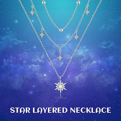 MONGAS Boho Layered Necklace Sterling Silver Triple 3 Stacked Vertical Bar Triangle Long Layering Necklaces Christmas Jewelry Gifts for Women - style: Star