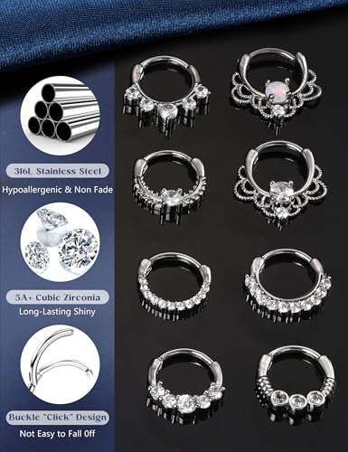 8PCS 16G Septum Clicker Ring Stainless Steel CZ Opal Cartilage Helix Tragus Hoop Daith Earrings Nose Rings Hoop Hinged Segment Clicker Ring Piercing Jewelry - color: silver tone 8mm