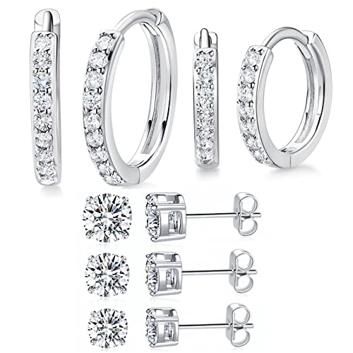 White Gold Earrings for Women Men Hoop and Stud Earring Set | Hypoallergenic 14K White Gold Plated Hoops Huggie Stud Earrings Set Round Cubic Zirconia Ear Jewelry - style: A1-White Gold-Hoop&Round Stud (5 Pairs)