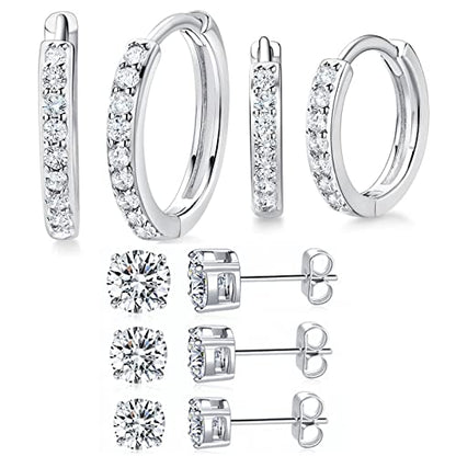 White Gold Earrings for Women Men Hoop and Stud Earring Set | Hypoallergenic 14K White Gold Plated Hoops Huggie Stud Earrings Set Round Cubic Zirconia Ear Jewelry - style: A1-White Gold-Hoop&Round Stud (5 Pairs)