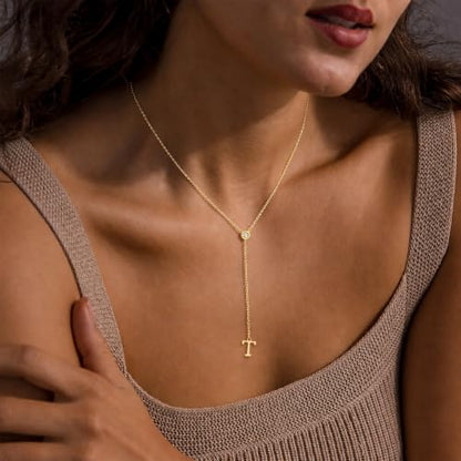 14K Gold Plated Initial Y Necklace for Women,CZ Letter Lariat Necklace | Dainty Long Necklace Y-Shaped Drop Letter Pendant Adjustable 16.5"+2" Long Chain Shiny CZ Trendy Jewelry Gift For Her - color: T