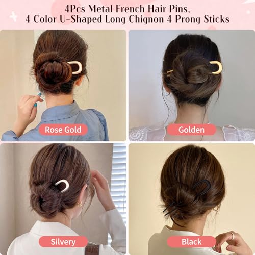4Pcs Elegant French Hair Pin Set for Women, Metal U Shaped Hair Pins | French Hair Tool Decorative Hair Clips for Thick and Fine Hair (Gold Black Silver Rose Gold)