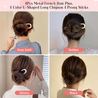 4Pcs Elegant French Hair Pin Set for Women, Metal U Shaped Hair Pins | French Hair Tool Decorative Hair Clips for Thick and Fine Hair (Gold Black Silver Rose Gold)