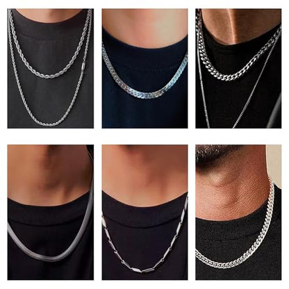10 Pcs Chains for Men Silver Necklace Stackable Stainless Steel Chains Set Mens Jewelry Set Cross Cuban Link Figaro Chain