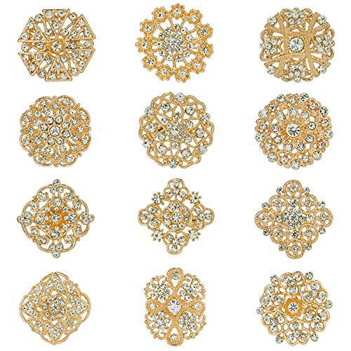 Lot 12pcs Assorted Crystal Rhinestone Flower Brooch Pin Set for Women DIY Bridal Wedding Bouquet Kit - color: Gold Tone