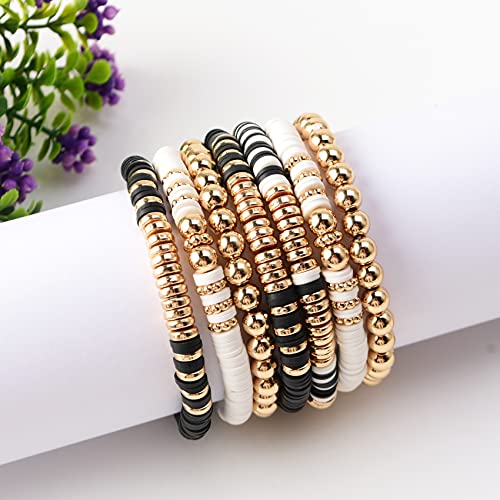 GOOJIDS Surfer Heishi Clay Bead Bracelets for Women Bohemian Stackable Gold Plated Beaded Stretch Bracelets Elastic Layering Friendship Bracelets Set Boho Jewelry - color: E-Black&White 7pcs