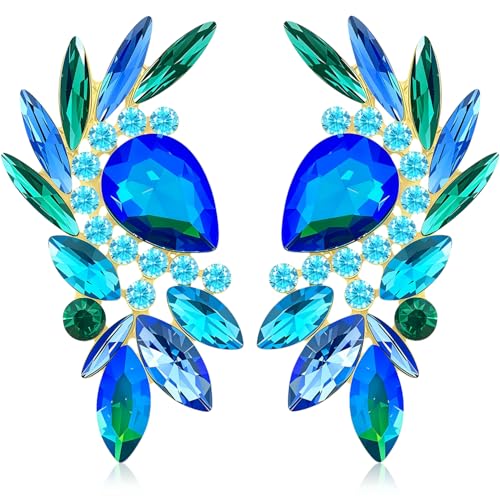 Bohemian Dainty Sparkly Crystal Teardrop Flower Dangle Drop Earrings Unique Lightweight Glitter Rhinestone Geometry Floral Stud Earrings For Women - style: Blue