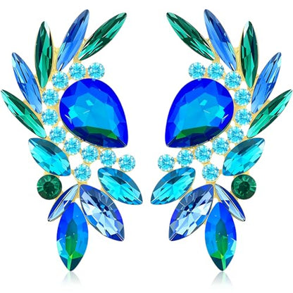 Bohemian Dainty Sparkly Crystal Teardrop Flower Dangle Drop Earrings Unique Lightweight Glitter Rhinestone Geometry Floral Stud Earrings For Women - style: Blue