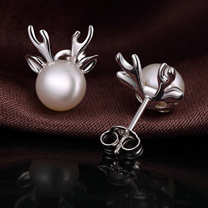 Han han Pearl Stud Earrings for Women 925 Sterling Silver, Pearl Jewelry Gift for Women 8MM-13MM - style: E-Deer Pearl Studs-8mm