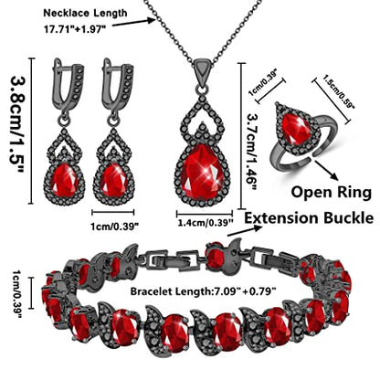LMXXVJ Women Jewelry Set Platinum Plated Necklace Open Ring Earrings Bracelet Set,Birthday/Anniversary Mother’s Day Jewelry Gifts for Mom/Wife/Sister/Best Friend - color: Black Gun-Ruby Red