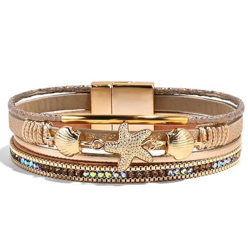 VIBILIA Boho Leather Wrap Bracelets for Women Multi-Layer Bracelets | With Strong Clasp Jewelry for Women - color: 04-ShellStarfish-Champagne