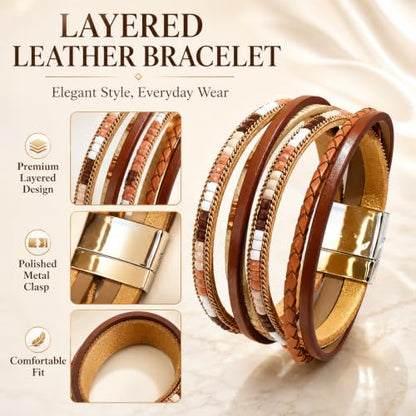 Leather Wrap Bracelets for Women, Boho Leopard Multi-Layer Crystal Beads Cuff Jewelry - color: J-Warp-034