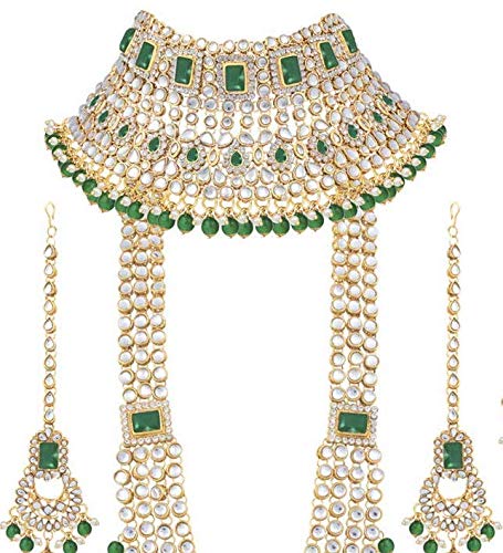 Aheli Traditional Wedding Indian Bharatanatyam jewellery set Long Choker Necklace Earrings Maang Tikka Nath Paasa Hath Phool for Women - color: Green
