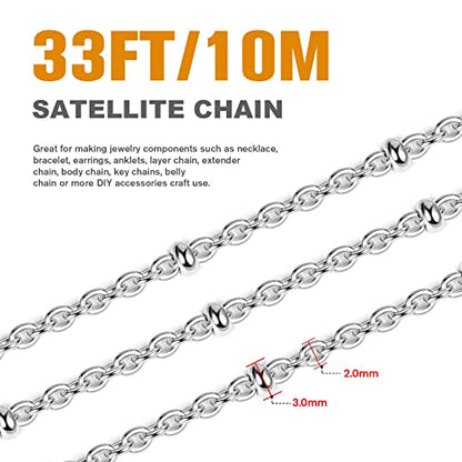 33FT 2mm Stainless Steel Satellite Cable Chain Roll Bulk for Jewelry Making | 304 Stainless Steel Flat Cable Link Ball Beaded Satellite Chains Spool for DIY Craft - color: Stainless Steel Small Beads Satellite Cable Chain