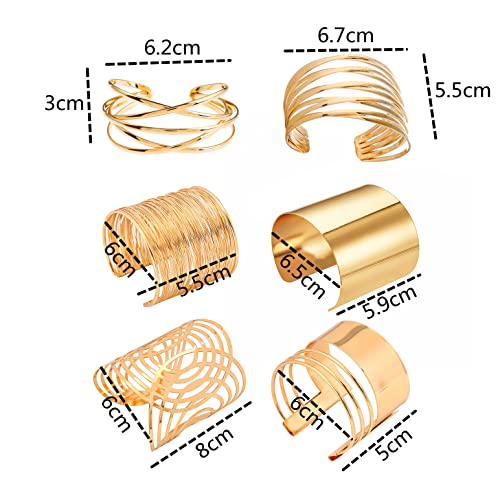 COLORFUL BLING Punk Alloy Hollow Geometric Smooth Polished Gold Hoop Open Cuff Wide Bracelet Bangle Wrist Jewelry for Women Lady - color: 6pcs gold A