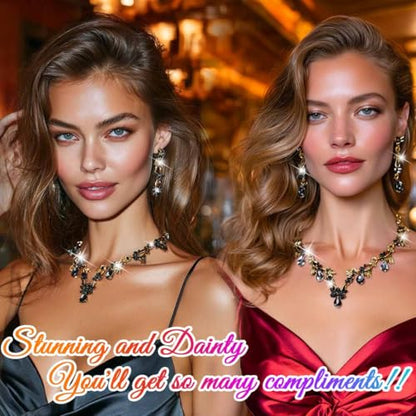 Gold Rhinestone Jewelry Set Bridal Wedding Necklace Earrings Sets Prom Formal Costume Jewelry for Women and Brides - color: Black