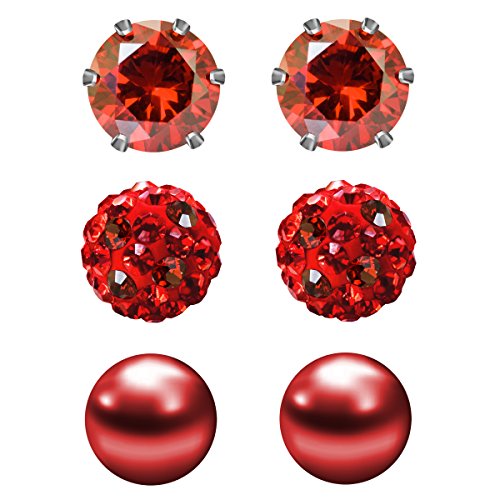 JewelrieShop Birthstone Studs Earring Set Cubic Zirconia Rhinestones Crystal Ball Faux Pearl Stainless Steel Stud Earrings for Women Jewelry Gift (6mm Round,3 Pairs) - color: 1) Jan. - Deep Red