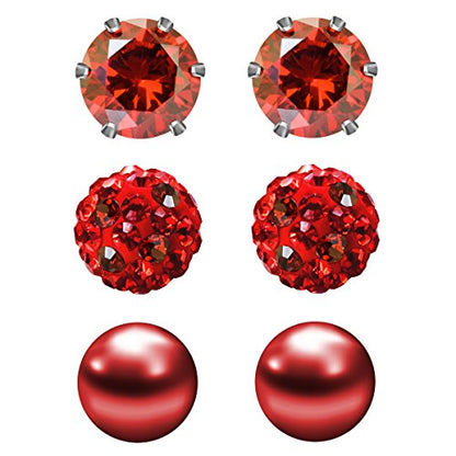 JewelrieShop Birthstone Studs Earring Set Cubic Zirconia Rhinestones Crystal Ball Faux Pearl Stainless Steel Stud Earrings for Women Jewelry Gift (6mm Round,3 Pairs) - color: 1) Jan. - Deep Red