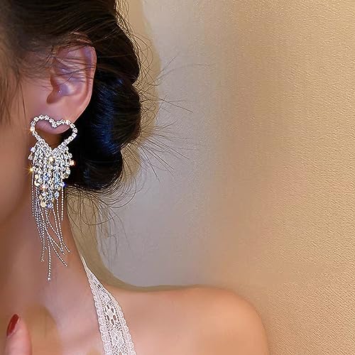 Luxval Rhinestone Earrings Dangling for Women Sparkly Silver Dangle Earrings Girls Long Chandelier Earrings Tassel Lightweight Ear Studs Cubic Zirconia Crystal Statement - color: Silver-Heart Tassel Crystal