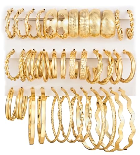 Gold Hoop Earrings Set for Women, 18 Pairs Hypoallergenic Statement Open Pearl Hoops Earring for Multipack, Gold Chunky Hoop Earrings for Women Trendy Jewelry - color: Gold-E-18 Pairs
