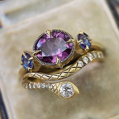18k Gold Artistic Retro Copper Set with Amethyst Unique Sapphire Exotic Purple Zircon Snake Shaped Ring for Women's Exotic Party and Dinner Accessories Size 10 - size: US Code 10